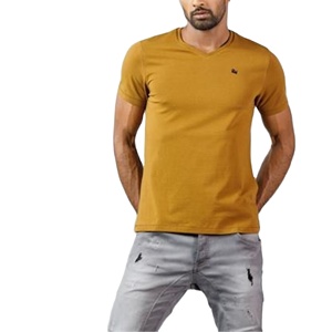 T-shirt décontracté pour homme, col en V, manches courtes, design personnalisé, 100% coton, vente en gros, t-shirt homme slim fit, couleur moutarde - Product Image 2