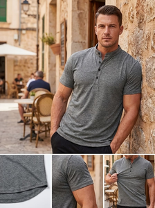 Men Stand Collar Short Sleeve Knitted Jersey Polyester/Cotton T-Shirt Regular Fit Solid Color Casual Regular Length Summer 200 - Product Image 2