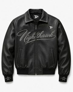 Nighthawk Embroidered PU Leather Bomber <b>Jacket</b> Men's Moto Style Zip Front Black <b>Star</b> Cuff Design - Product Image 1