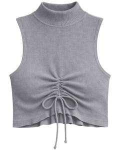 Top Corto Personalizado Gris Acanalado de Cuello Alto Sin Mangas con Cordón Ajustable y Fruncido Delantero, Ajuste Ceñido para Mujer - Product Image 1