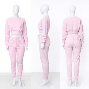 Custom OEM Women Pink Two Piece Tracksuit Set <b>Crop</b> <b>Top</b> Long Sleeve Sweatshirt High Waist Jogger Sweatpants Wholesale Tracksuit - Product Image 1