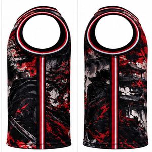 Maillot de basket-ball pour homme, style japonais samouraï, noir, séchage rapide, respirant, col en V, sans manches, polyester, transfert thermique - Product Image 2