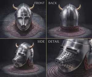 Casque médiéval antique à visage de cochon avec cornes plaquées or, armure en acier, gilet de mailles, thème animal, objet de collection - Product Image 3