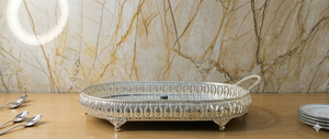 Luxury Silver Plated <b>Mirror</b> Vanity <b>Tray</b> | Decorative Oval Metal Serving Platter with Handles & Antique Feet for Wedding Decor - Product Image 2