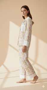 ชุดนอนผู้หญิงแขนยาวแบบไม่มีปก ผ้าโพลีเอสเตอร์/คอตตอนเนื้อนุ่ม ลายดอกไม้ สไตล์ลำลอง เสื้อและกางเกง - Product Image 2