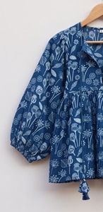 Indigo Floral Hand Block Print Women's <b>Tank</b> <b>Top</b> 100% Cotton Breathable <b>Lace</b> Bow Casual Ethnic Boho - Product Image 3
