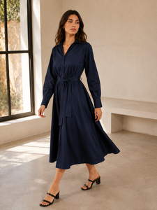 Vestido Midi Azul Marino de Manga Larga para Mujer, Cuello en V, Cintura Natural con Cinturón, Estilo Línea A, Casual, de Oficina, Sencillo, Romántico, para Fiesta, con Falda Acampanada - Product Image 3