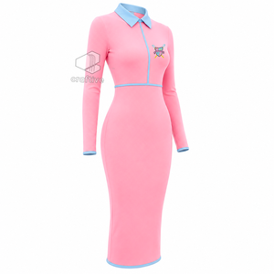Robe moulante mi-longue rose pour femme Gamma Phi Delta avec col polo contrastant bleu clair, fermeture éclair quart de tour, manches longues, coupe ajustée, robe décontractée - Product Image 2