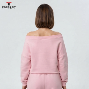 Polyester Cotton Knitted Fabric High Quality Printed Autumn Oversized <b>Sweatshirt</b> Streetwear Slash Neck <b>off</b> <b>Shoulder</b> Front Logo - Product Image 2