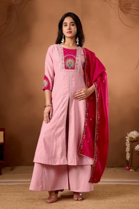Conjunto Premium de Kurti Anarkali de Seda Romana con Palazzo y Dupatta Bordada |   Ropa Étnica de Diseñador para Mujer |   Exportación al por Mayor - Product Image 6