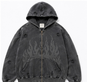 Sweat à capuche oversize en molleton délavé à l'acide avec imprimé numérique flamme, détails usés, coupe ample, streetwear homme - Product Image 1