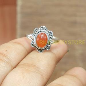 Anillo de Piedra Preciosa Cornalina Naranja Natural Hecho a Mano, Diseño Floral Vintage, Anillo Ajustable de Plata de Ley 925, Cabujón Ovalado - Product Image 5