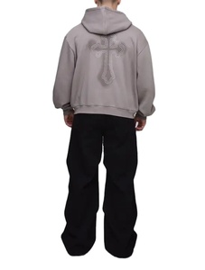 Sudadera con capucha gruesa y pesada para hombre, con cremallera frontal y pedrería, hombros caídos, 450 GSM, forro polar de poliéster/algodón personalizado de alto gramaje - Product Image 2