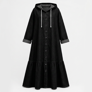 Robe longue en jean de coton à capuche, manches longues, ourlet évasé, coupe ample, décontractée pour femme, couleur unie, respirante, toutes saisons - Product Image 2