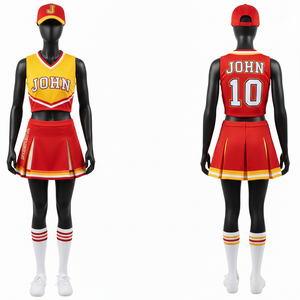 Uniforme de cheerleading pour femmes, tissu poly-spandex GSM Premium, design à panneaux bleu-orange-blanc, logo brodé, uniforme de cheerleader - Product Image 6