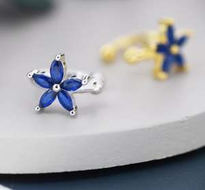 Manchette d'oreille Fleur en Zircon Cubique Bleu Saphir en Argent Sterling, Argent ou Or, Simple, Sans Perçage, Minimaliste - Product Image 1