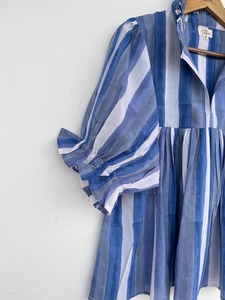 Chemisier en coton rayé bleu et blanc pour femme avec manches ballon, col à volants, coupe ample, décontracté, printemps-été, style bohème - Product Image 2