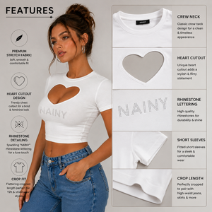 Women Heart Cut Out <b>Crop</b> <b>Top</b> With <b>Rhinestone</b> Letter Slim Fit Short Sleeve Y2K Fashion T Shirt - Product Image 4