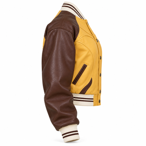 Custom Unisex Yellow Brown Real <b>Leather</b> Varsity <b>Jacket</b> Embossed Logo Back Two Tone Letterman Baseball <b>Bomber</b> Coat Outerwear - Product Image 3