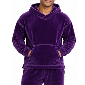 <b>Mens</b> Velvet Fabric Tracksuit Pullover Hooded Sweatshirt Kangaroo Pocket Elastic Jogger <b>Pants</b> Contrast Stitching Two Piece <b>Lounge</b> - Product Image 4