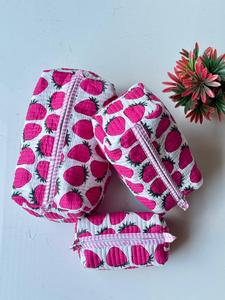 Ensemble de 3 trousses de toilette vintage indiennes matelassées, durables pour les voyages, motif floral, fermeture éclair, pochette à maquillage portable - Product Image 1
