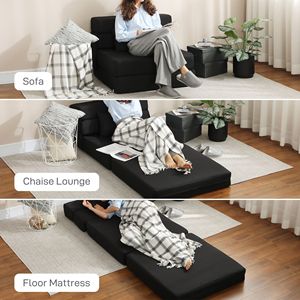 Moderna Poltrona Letto Pieghevole in Lino con Cuscino in Pelle PU, Divano Letto Estensibile per Soggiorno, Dormitorio, Ospiti, Nero con Funzione di Stoccaggio - Product Image 4