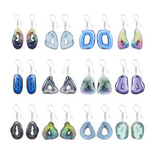 Boucles d'oreilles pendantes ethniques pour femmes, plaquées argent, avec pendentif en forme de tranche de Druzy, bijoux fantaisie en gros, cadeau idéal pour les fêtes, Inde - Product Image 1