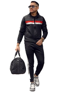 Ensemble de survêtement sportif pour homme noir avec rayures rouges et blanches, sweat à capuche entièrement zippé et poches latérales, en polyester respirant, idéal pour l'automne - Product Image 3