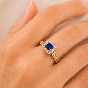 Bague de fiançailles et de mariage vintage en argent sterling 925 plaqué or avec saphir bleu taille princesse et halo de zircone cubique, style Milgrain, pour femme - Product Image 3