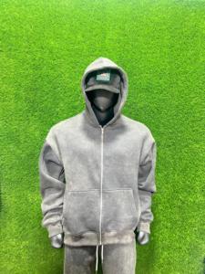 Men 100% Cotton Fleece Distressed Embroidery Applique Tracksuit Breathable Acid Washed Oversized <b>Hoodie</b> & Pants Tracksuit Set - Product Image 6