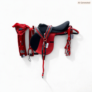 Selle d'endurance anglaise rouge et noire en cuir PU avec arceau en plastique réglable, ensemble d'équipement d'équitation pour l'entraînement sur sentier - Product Image 1