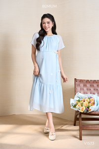 Vestido de Maternidad Azul V1573, Cuello Redondo, Manga Corta, Estampado Floral, Corte en A, Largo a Media Pantorrilla, Holgado, Transpirable, Ropa de Verano para Mujer - Product Image 4