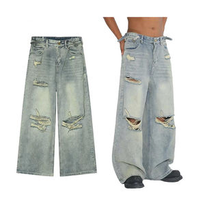 Jeans vintage déchirés à jambe large pour hommes, coupe ample, en denim vieilli, avec rivets, style streetwear hip-hop, vente en gros - Product Image 6
