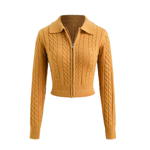 Women Knit <b>Cardigan</b> Blue Casual Long Sleeve Lapel Neck <b>Zip</b> <b>Up</b> Autumn Top Selling Fashion Lady Cropped Cable Sweater Outerwear - Product Image 5