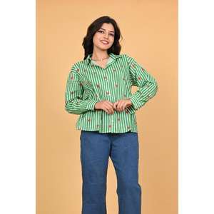 Camisa de algodón con estampado de corazones a rayas para mujer, blusa informal de manga larga con botones, Top de moda estilo San Valentín - Product Image 5