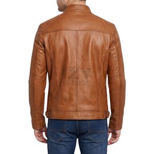 Chaqueta de Cuero Marrón Cognac Minimalista con Cierre de Cremallera Simple en el Pecho, Cremallera Lateral Vertical, Cuello con Pestaña de Botón Estrecha, Chaquetas Elegantes - Product Image 2