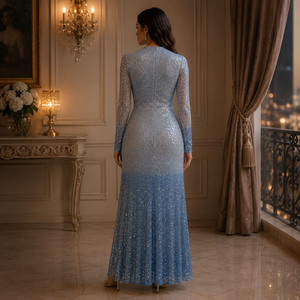 Womens Blue Ombre <b>Sequin</b> Maxi Dress V Neck Wrap Style Long Sleeve Elegant Evening Wedding Formal Party Gown Sparkly Flowy Floor - Product Image 3