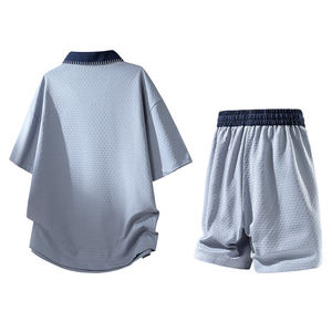 Conjunto de Dos Piezas para Hombre, 100% Algodón, Diseño Color Block, Estilo Casual de Verano, Camisa de Manga Corta con Cuello Solapa y Abertura Media, y Camiseta - Product Image 2