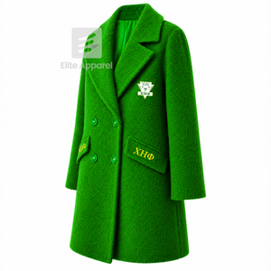 Manteau long en laine personnalisé de la sororité Chi Eta Phi, logo brodé sur le devant, couleur verte et jaune, manches longues, pour femme. - Product Image 2