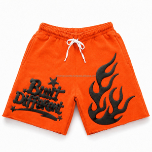 Shorts de jogging pour hommes, style streetwear vintage, coupe oversize, effet délavé soleil, délavé à l'acide, broderie chenille, imprimé en relief - Product Image 5