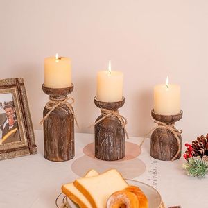 Rustic Distressed Wooden Pillar Candle <b>Holder</b> Set Farmhouse Decorative Candle Stand Home Table Centerpiece - Product Image 6