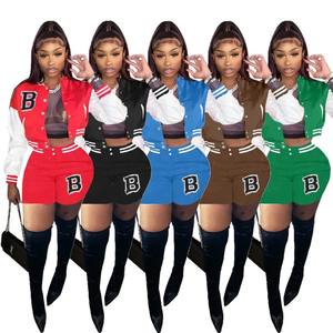 Wholesale <b>Women's</b> Jackets <b>Shorts</b> <b>Set</b> | Custom 2-Piece Outfit | Letter Patch Crop Jacket & High-Waist <b>Shorts</b> - Product Image 2