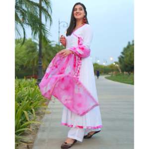 Ensemble de costume décontracté en coton blanc et rose, tissu en mousseline, taille XS - Product Image 1