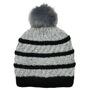 Bonnet tricoté rayé unisexe avec pompon, noir et gris, pour l'hiver, pour un usage décontracté en extérieur, taille adulte 56-58CM - Product Image 2