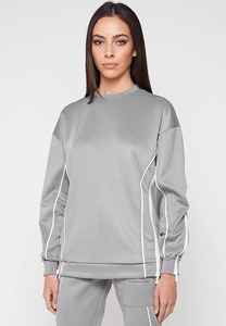 Conjunto Deportivo de Dos Piezas para Mujer, Color Gris con Ribete Blanco, Cierre Lateral con Cremallera, Top Holgado con Cuello Redondo, Pantalones Jogger con Cierre en el Tobillo, Estilo Casual - Product Image 3