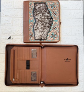 Hot Sale Cowhide Hand Tooled Zipper Lock Business Portfolio Binder Manufacture Vintage Document <b>Folder</b> With <b>Card</b> Holder - Product Image 6