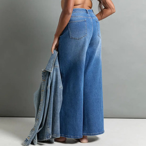 Jean en denim délavé de qualité supérieure pour femme, taille haute, coupe ample, jambe large, longueur intégrale, décontracté, en coton bleu, grandes tailles - Product Image 2