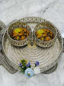 Luxurious Look Gold Coloured Brass Bowl Tray Set Handmade Rajasthan AARNA COLLECTION for Wedding Anniversary Gift <b>Red</b> Velvet <b>Box</b> - Product Image 6