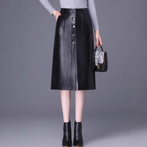 Jupe en cuir PU tendance pour femme, taille haute, amincissante, style coréen, jupe moulante mi-longue, nouvelle collection automne - Product Image 4