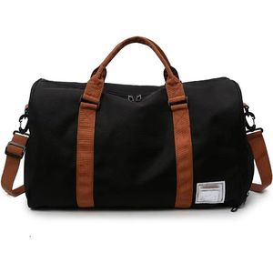 Premium Black Travel Duffle Bag Large Capacity Waterproof Oxford Weekender with Brown Contrast Straps and Padded Shoulder Strap - Product Image 1